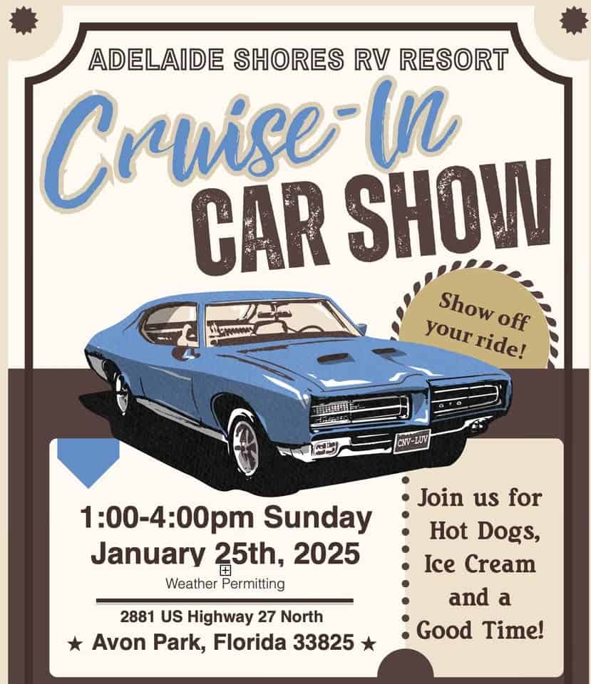Adelaide Shores Cruise-In Car Show event at 2885 Us-27 in Avon Park, FL on January 25, 2026