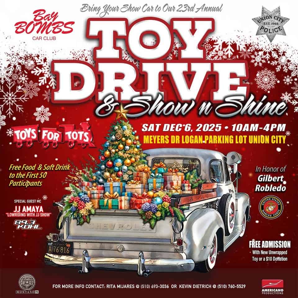 Bay Bombs Car Club 23rd Toy Drive & Show and Shine event at 2180 H St in Union City, CA on December 6, 2025