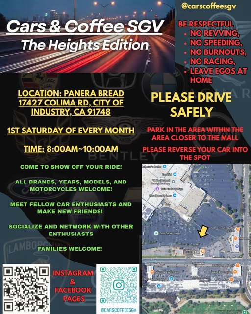 Cars & Coffee SGV The Heights Edition event at Panera Bread in City of Industry, CA on December 6, 2025