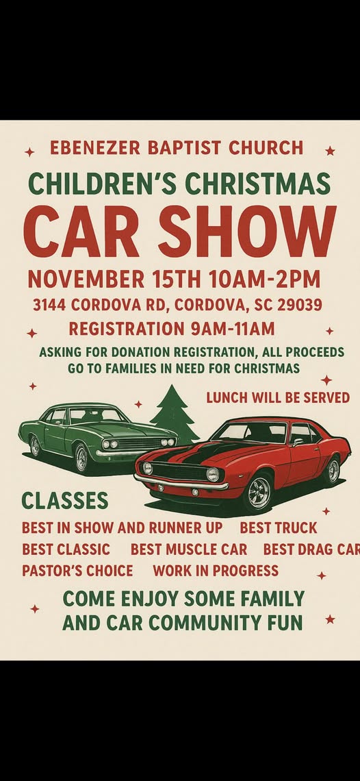 Children's Christmas Car Show event at Ebenezer Baptist Church in Cordova, SC on November 15, 2025