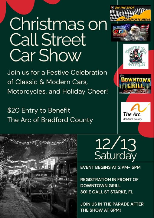 Christmas on Call Street Car Show event at Downtown Grill in Starke, FL on December 13, 2025