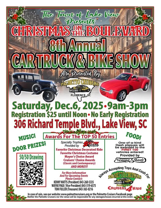 Christmas on the Boulevard 8th Annual Car Truck & Bike Show event at 306 Richard Temple Blvd in Lake View, SC on December 6, 2025