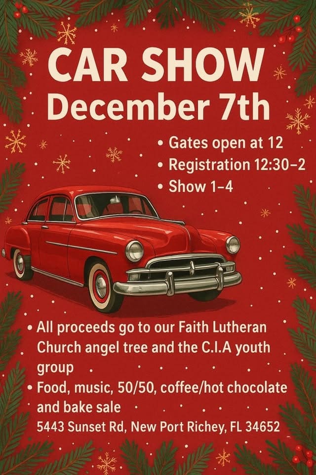 C.I.A Christians in action Christmas car show event at 5443 Sunset Road in New Port Richey, FL on December 7, 2025