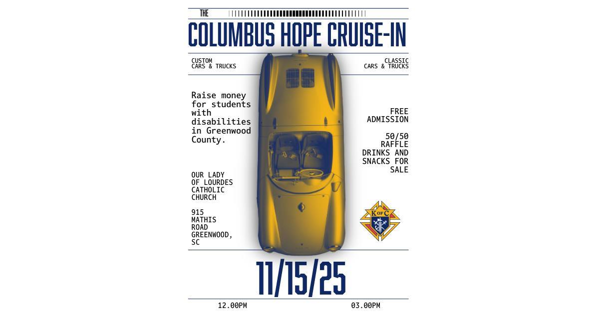 Columbus Hope Cruise-In event at Our Lady of Lourdes Catholic Church in Greenwood, SC on November 15, 2025