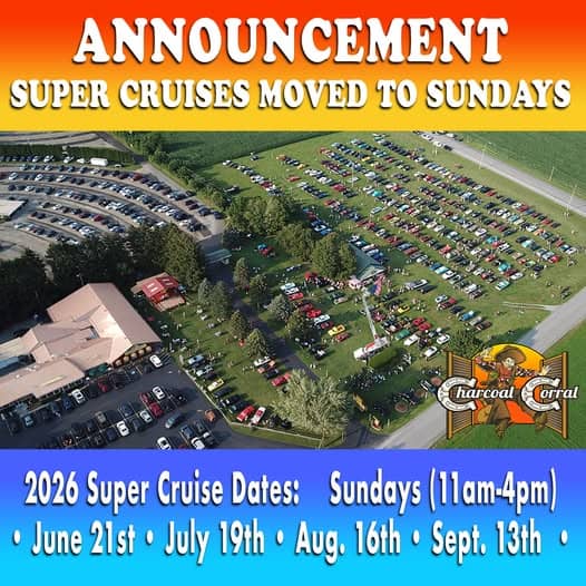 Cruisin at the Corral 2026 Super Cruise event at Charcoal Corral & Silver Lake Twin Drive-In in Perry, NY on June 21, 2026