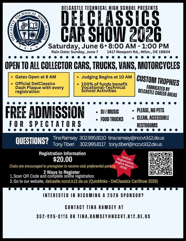 DelClassics Car Show 2026 event at 1417 Newport Rd in Wilmington, DE on June 6, 2026