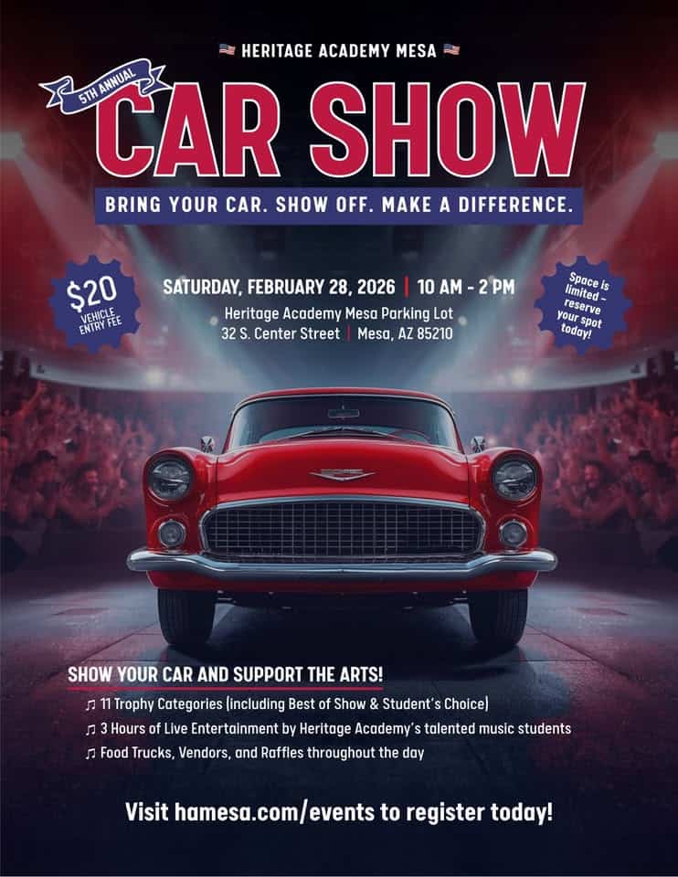 Heritage Academy Mesa Car Show 2026 event at 32 S Center St in Mesa, AZ on February 28, 2026