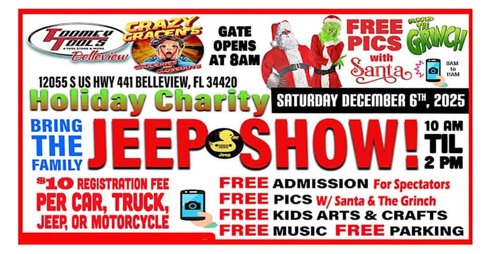 Holiday Charity Jeep/Car/Motorcycle/Truck Show event at 12041 Us-27 in Belleview, FL on December 6, 2025