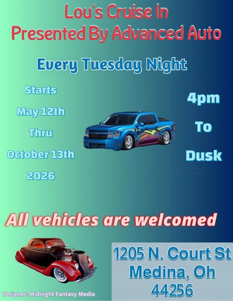 Lou's Cruise In event at 1205 N. Court St in Medina, OH on May 12, 2026