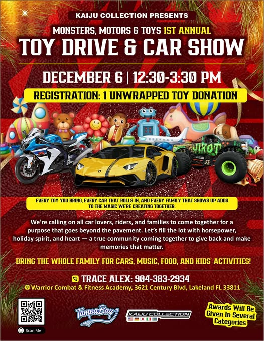 Monsters, Motors & Toys 1st Annual Toy Drive & Car Show event at Warrior Combat & Fitness Academy in Lakeland, FL on December 6, 2025