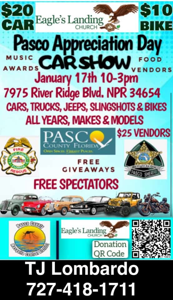 Pasco County Appreciation Day Car Show event at 7975 River Ridge Blvd. in New Port Richey, FL on January 17, 2026