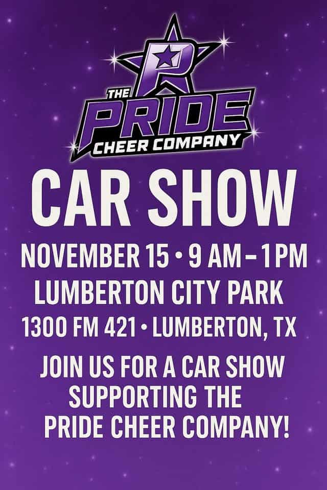 Pride Cheer Company Car Show event at Ariola Rd in Lumberton, TX on November 15, 2025