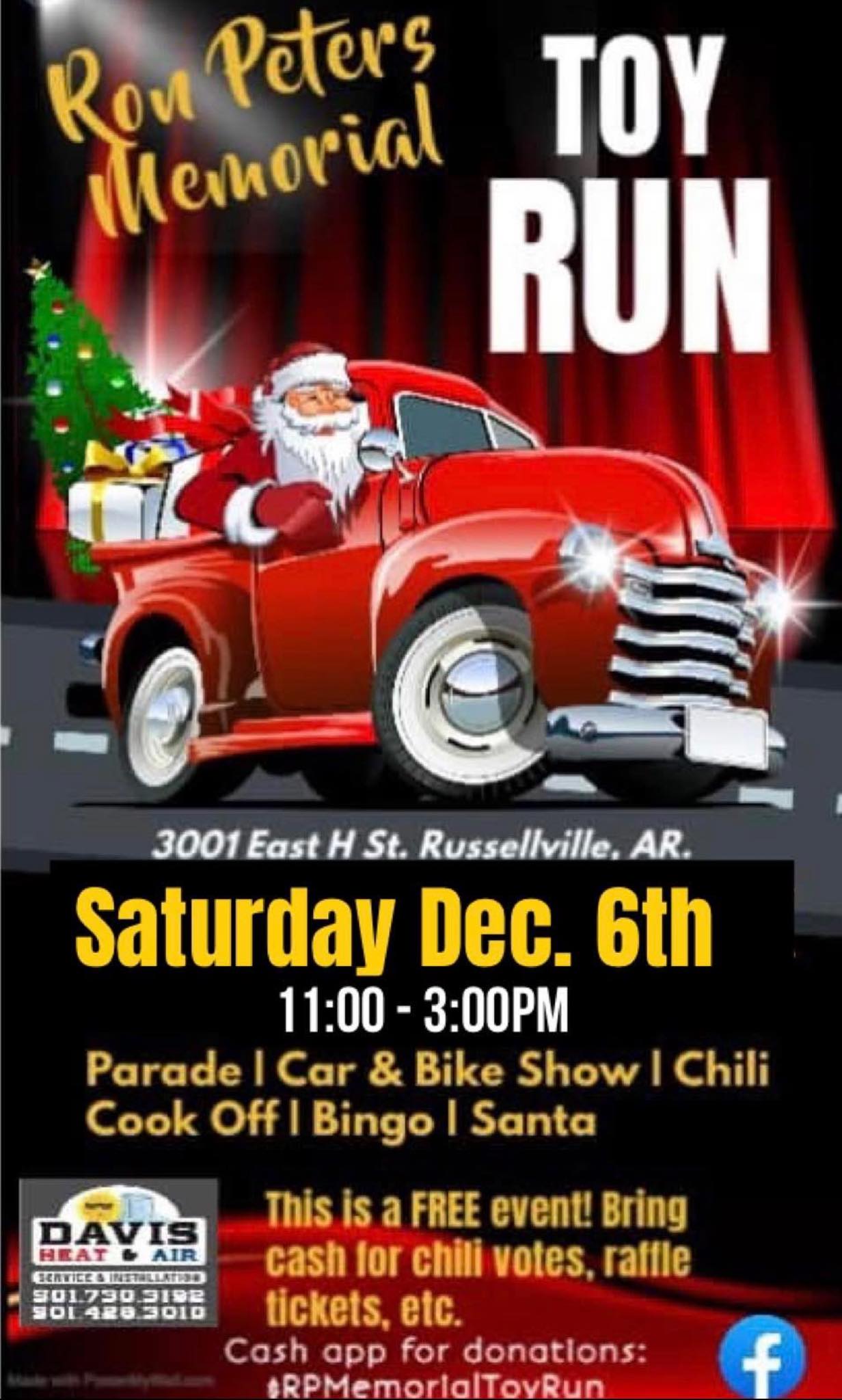 Ron Peters Memorial Toy Run event at 3001 East H St in Russellville, AR on December 6, 2025