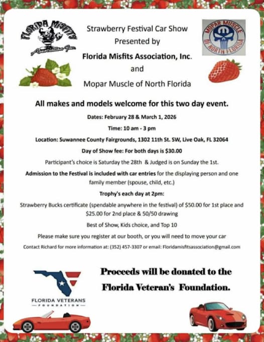 Strawberry Festival Car Show event at Suwannee County Fairgrounds in Live Oak, FL on February 28, 2026