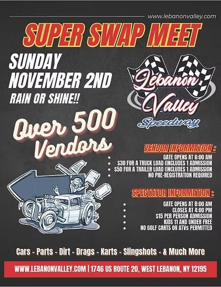 Super Swap Meet event at Lebanon Valley Speedway in West Lebanon, NY on November 2, 2025