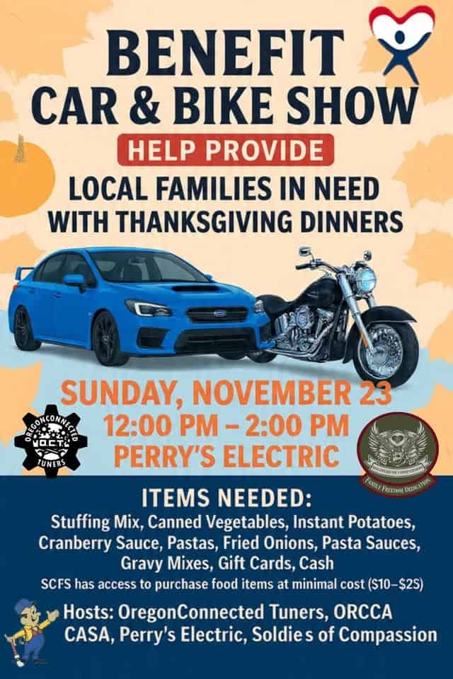 Thanksgiving benefit Car & Bike Show! event at 3133 Broadway Ave in North Bend, OR on November 23, 2025