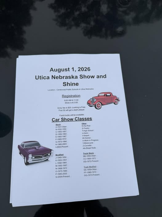 Utica Nebraska Show and Shine event at Centennial Public Schools in Utica, NE on August 1, 2026
