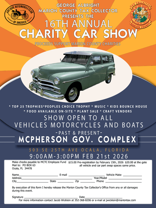 16th Annual Charity Car Show event at McPherson Gov. Complex in Ocala, FL on February 21, 2026