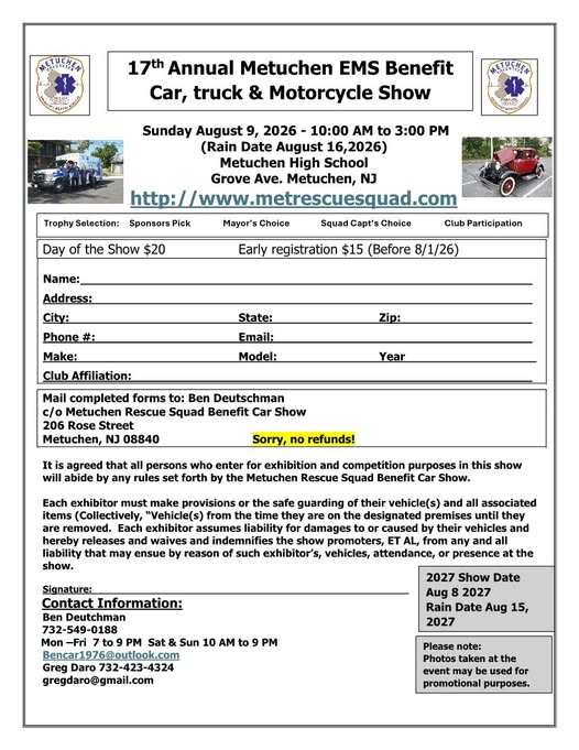 17th Annual Metuchen EMS Benefit Car, truck & Motorcycle Show event at Metuchen High School in Metuchen, NJ on August 9, 2026