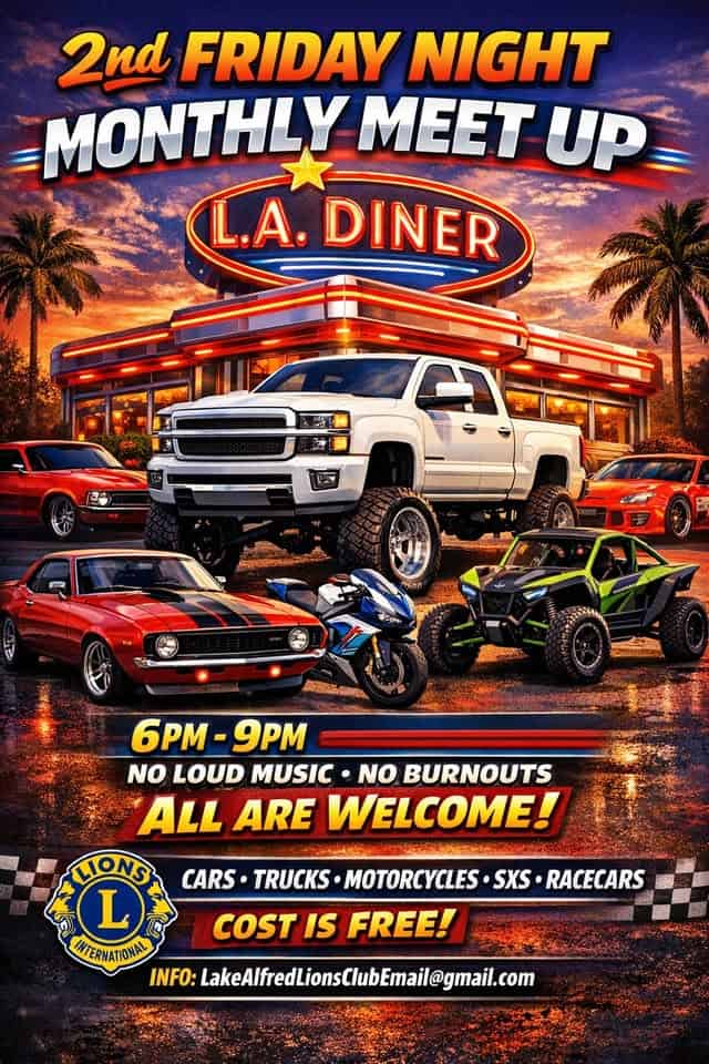 2nd Friday Night Meet Up event at Lake Alfred Diner in Lake Alfred, FL on January 9, 2026
