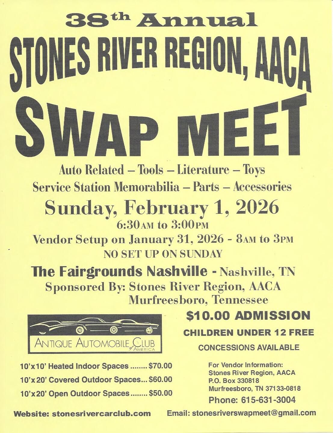 38th Annual Stones River Region, AACA Swap Meet event at The Fairgrounds Nashville in Nashville, TN on February 1, 2026