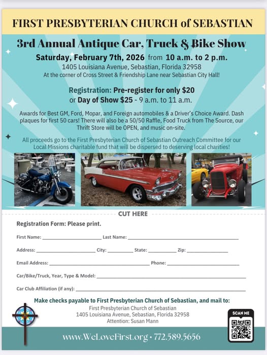 3rd Annual Antique Car, Truck & Bike Show event at First Presbyterian Church of Sebastian in Sebastian, FL on February 7, 2026