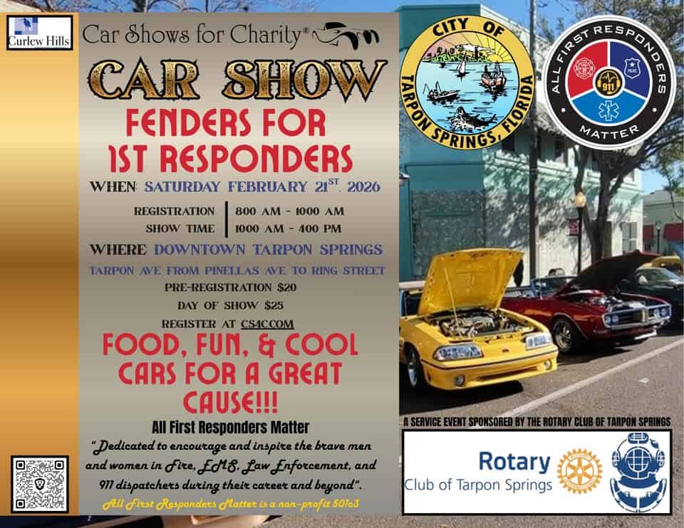 3rd Annual Fenders for First Responders event at 558 Dodecanese Blvd in Tarpon Springs, FL on February 21, 2026