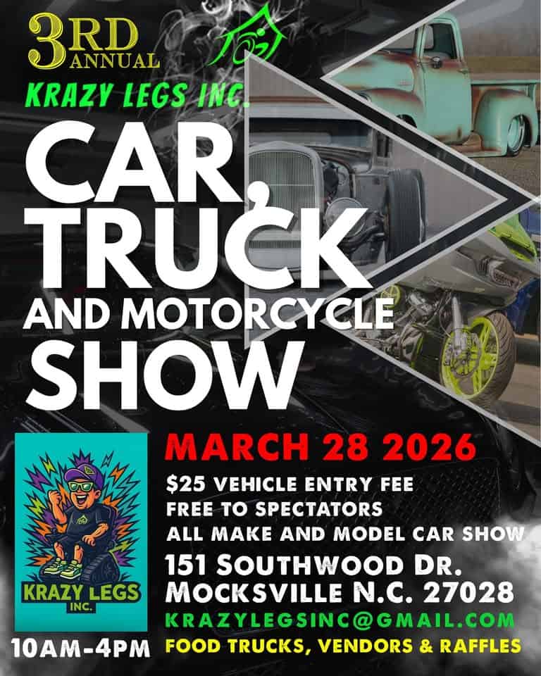 3rd Annual Krazy Legs Inc Car Truck and Bike Show event at 151 Southwood Drive in Mocksville, NC on March 28, 2026