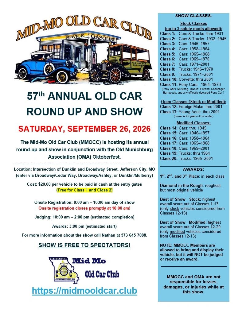 57th Annual Old Car Round Up and Show event at Intersection of Dunklin and Broadway Street in Jefferson City, MO on September 26, 2026