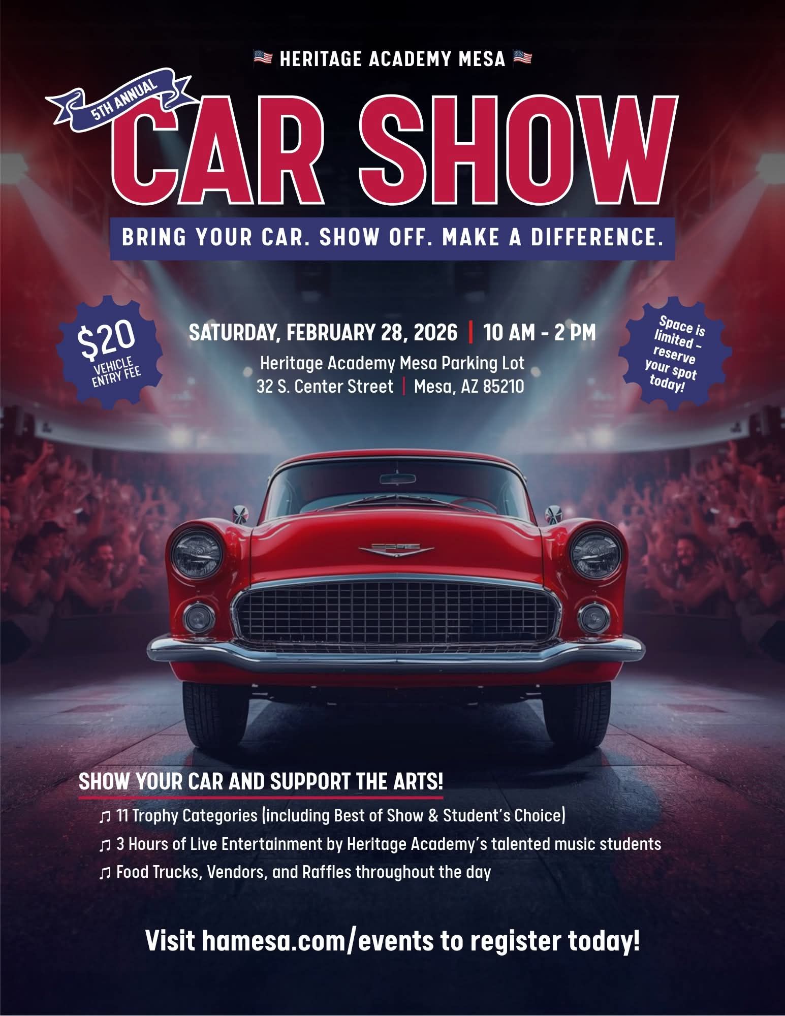 5th Annual Car Show event at Heritage Academy Mesa Parking Lot in Mesa, AZ on February 28, 2026