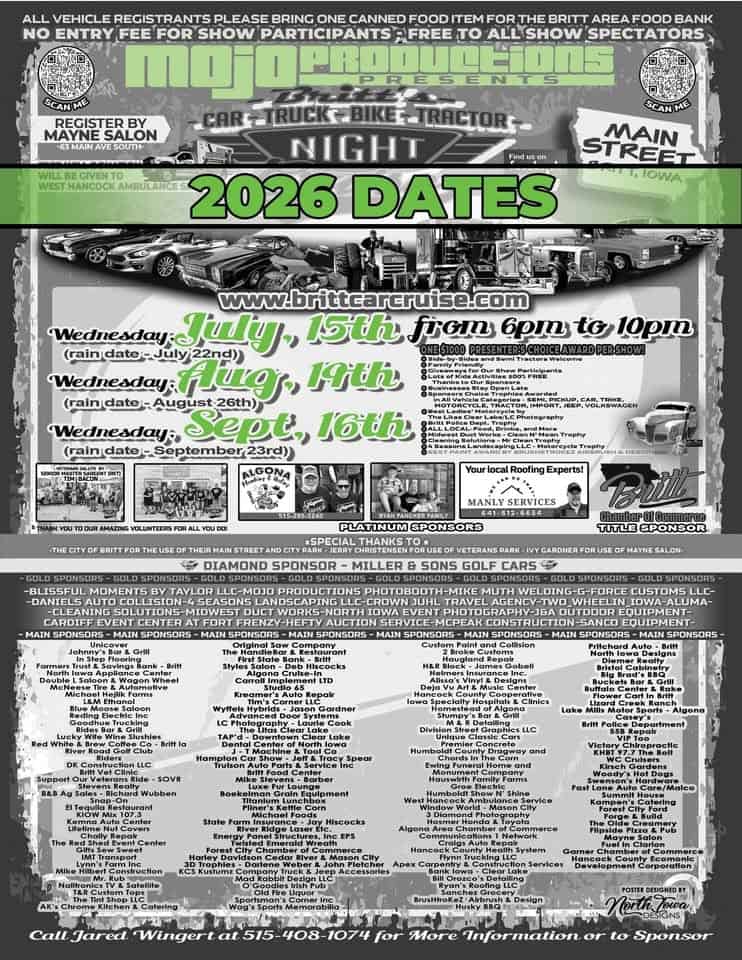Britt Cruise-In event at 313 6th Ave SE in Britt, IA on July 15, 2026