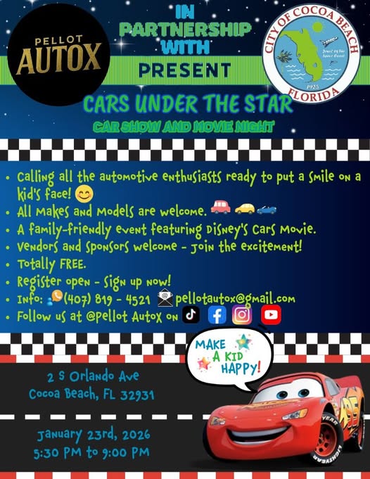 Cars Under the Star event at 2 S Orlando Ave in Cocoa Beach, FL on January 23, 2026
