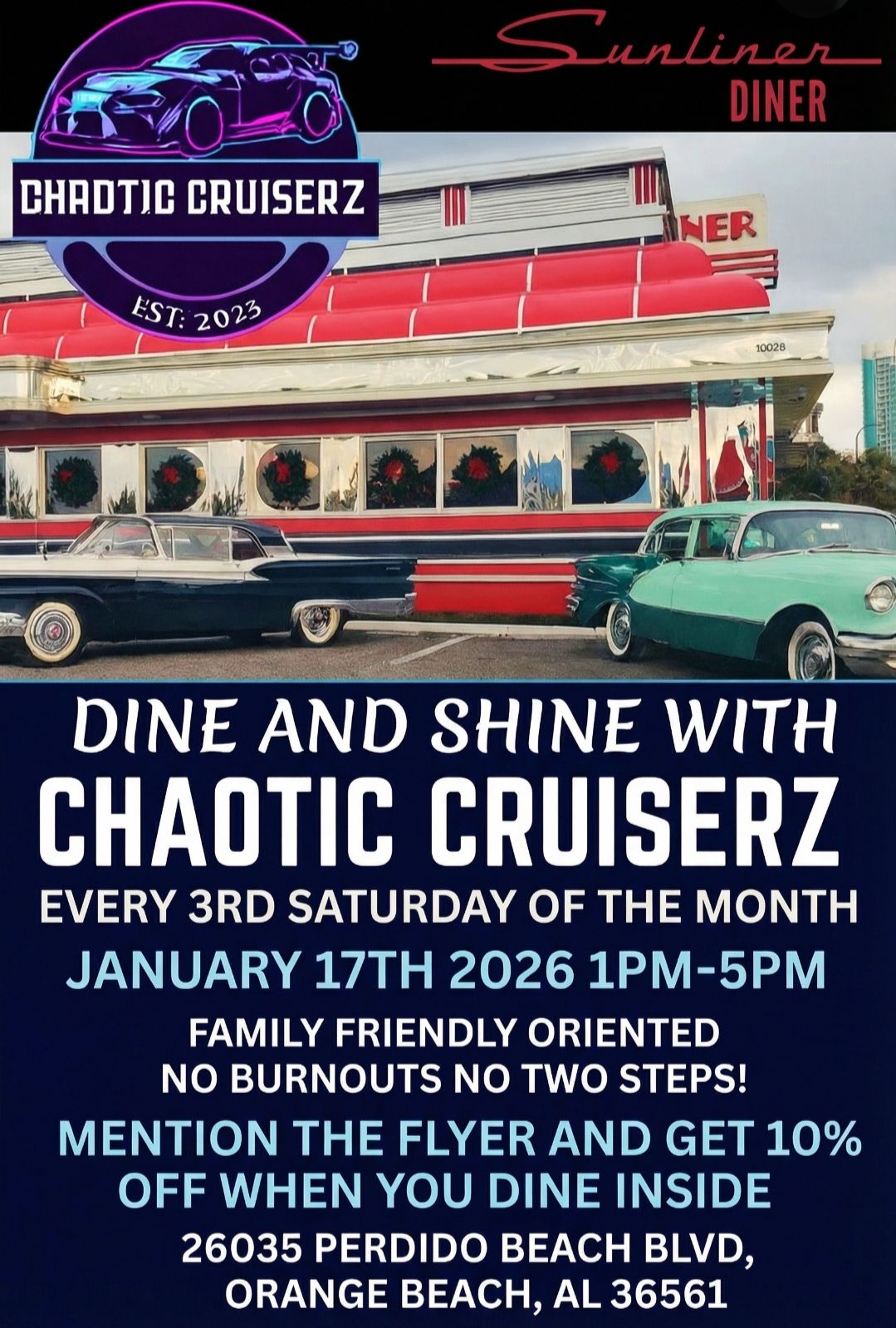 Chaotic Cruiserz event at Sunliner Diner in Orange Beach, AL on January 17, 2026