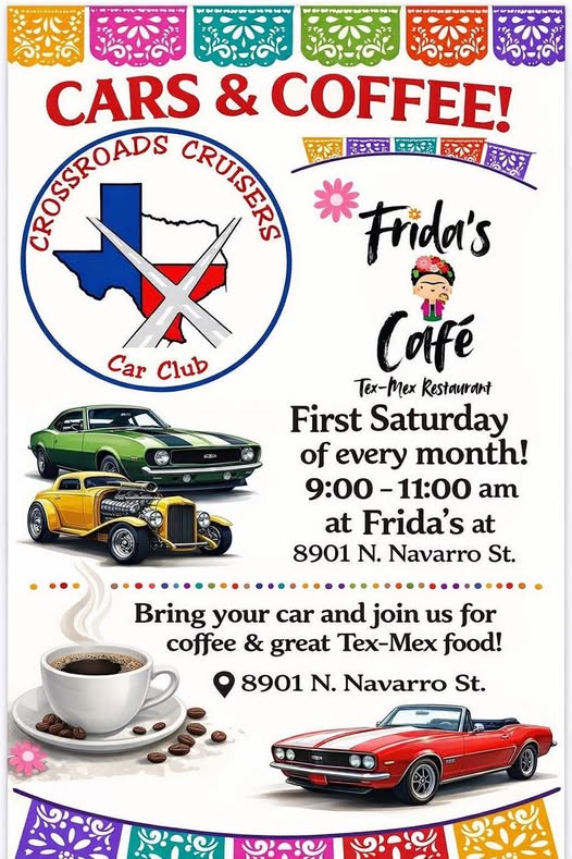 Crossroads Cruisers Car Club Cars & Coffee! event at Frida's Café in Victoria, TX on January 3, 2026
