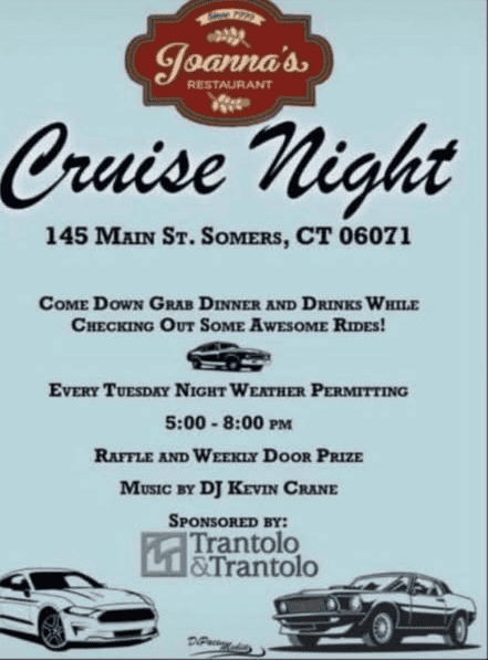 Cruise Night event at Joanna's Restaurant in Somers, CT on December 9, 2025