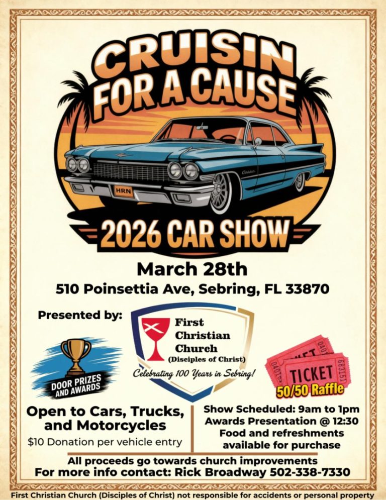 Cruisin For A Cause 2026 Car Show event at First Christian Church in Sebring, FL on March 28, 2026