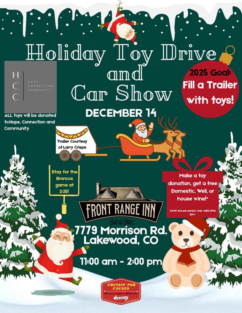 Holiday Toy Drive and Car Show event at Front Range Inn in Lakewood, CO on December 14, 2025