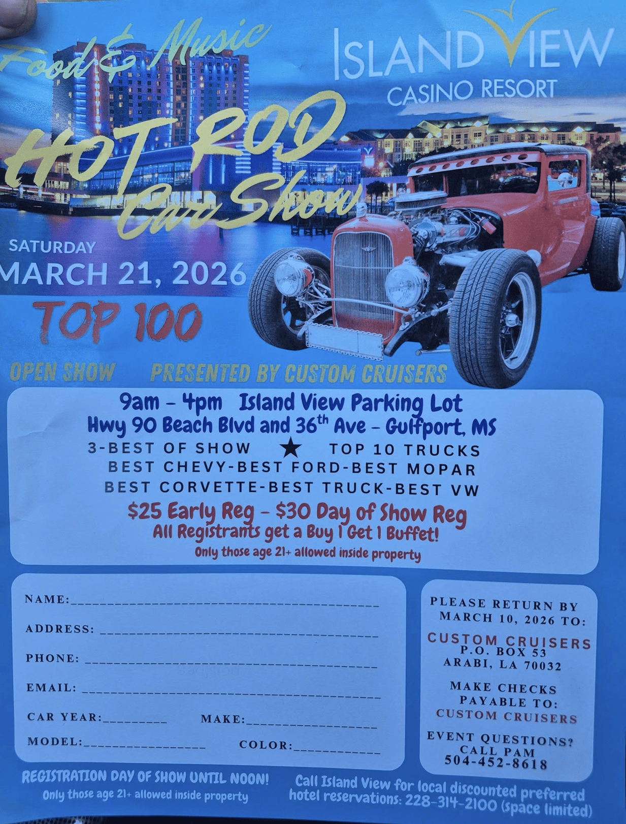 Hot Rod Car Show event at Island View Parking Lot in Gulfport, MS on March 21, 2026