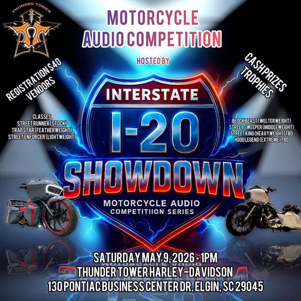I-20 Showdown Series Motorcycle Audio Competition event at 190 Pontiac Business Center Dr in Columbia, SC on May 9, 2026