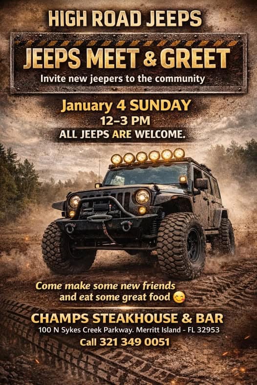 Jeeps Meet & Greet event at Champs Steakhouse & Bar in Merritt Island, FL on January 4, 2026