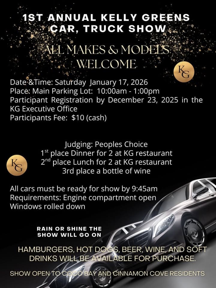 KG Car & Truck Show event at 12300 Kelly Greens Blvd in Fort Myers, FL on January 17, 2026