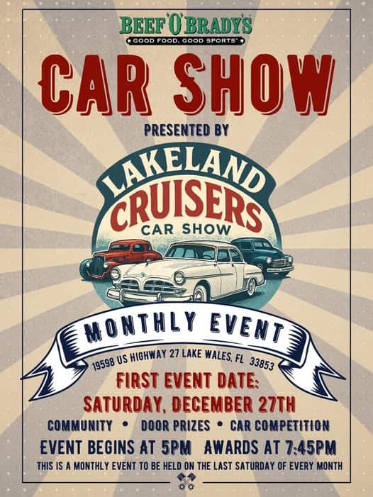 Lakeland Cruisers Car Show event at Beef 'O' Brady's in Lake Wales, FL on December 27, 2025