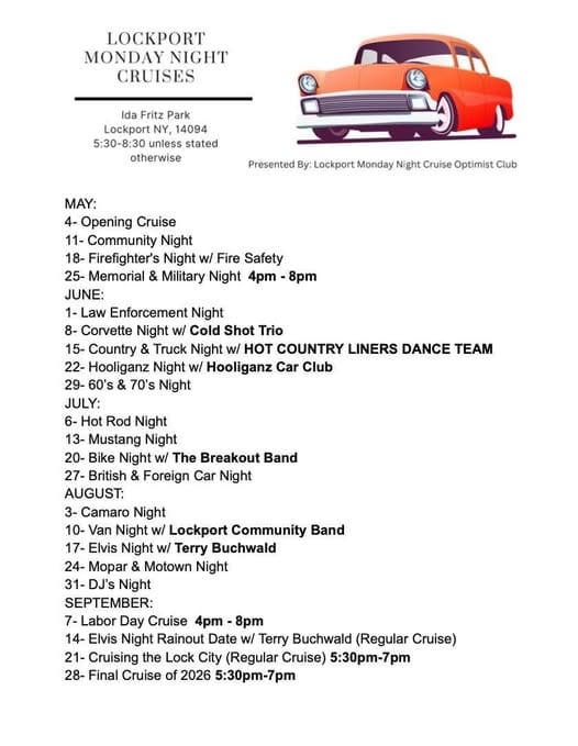 Lockport Monday Night Cruises event at Ida Fritz Park in Lockport, NY on May 4, 2026