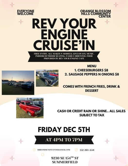 Rev Your Engine Cruise'In event at Orange Blossom Hills Community Center in Summerfield, FL on December 5, 2025