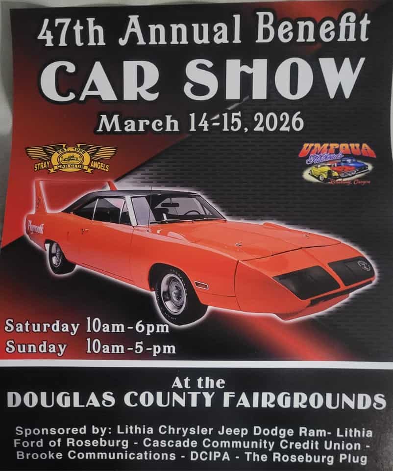 Roseburg benefit car show event at 2110 Frear St in Roseburg, OR on March 14, 2026