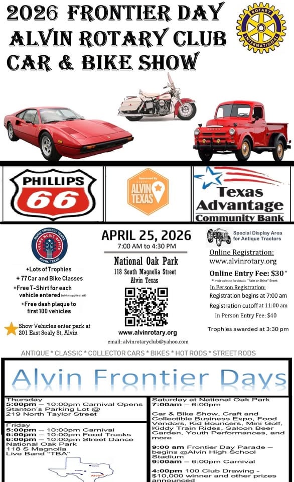 Save the Date - Alvin Rotary Club 52nd Annual Frontier Day Car and Bike Show event at 145 S Disney St in Alvin, TX on April 25, 2026