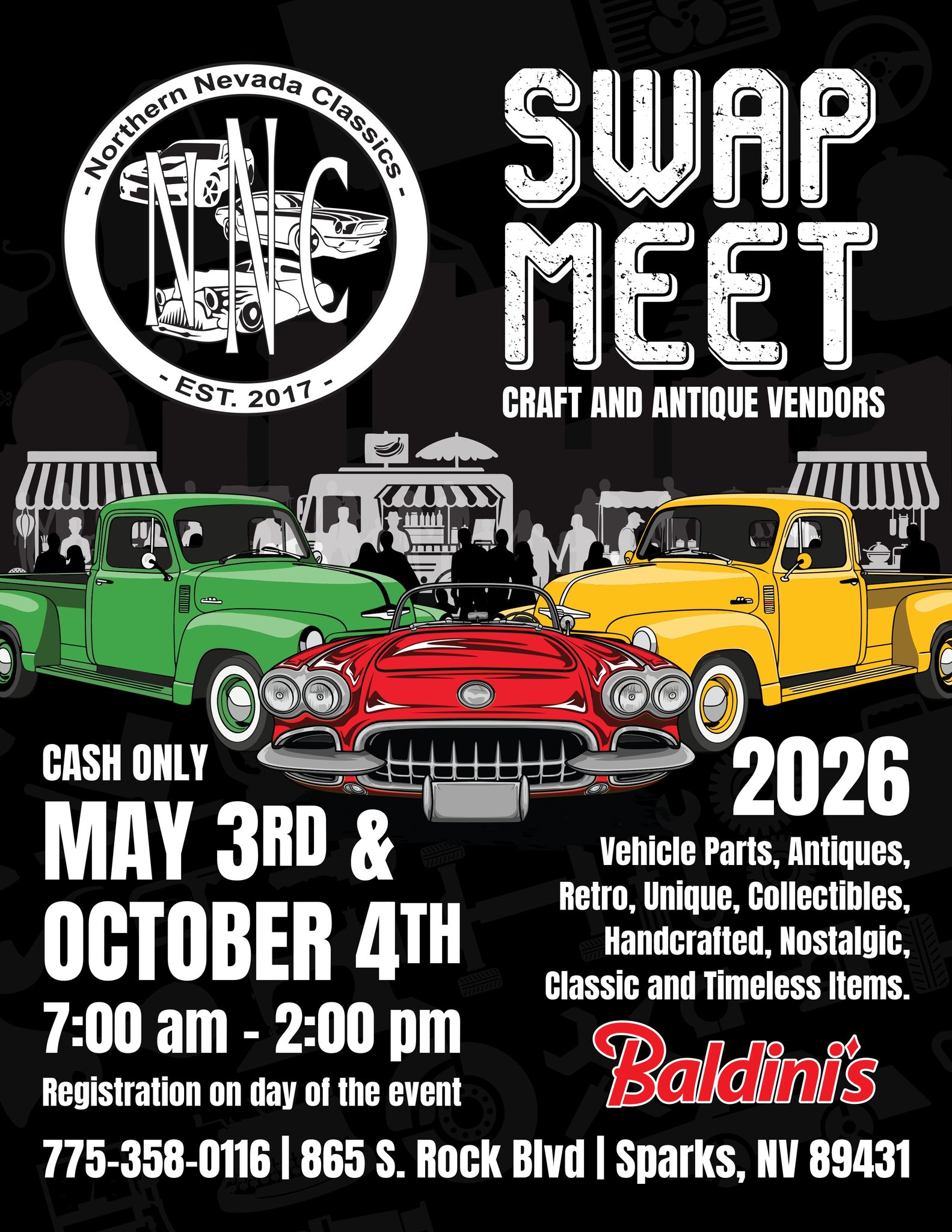SWAP MEET event at Baldini's in Sparks, NV on May 3, 2026
