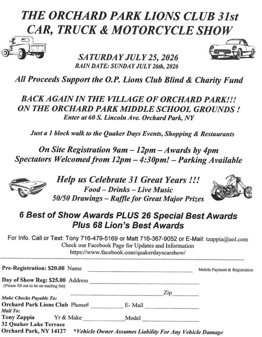 THE ORCHARD PARK LIONS CLUB 31st CAR, TRUCK & MOTORCYCLE SHOW event at Orchard Park Middle School in Orchard Park, NY on July 25, 2026