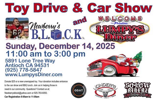 Toy Drive & Car Show event at Lumpy's Diner in Antioch, CA on December 14, 2025