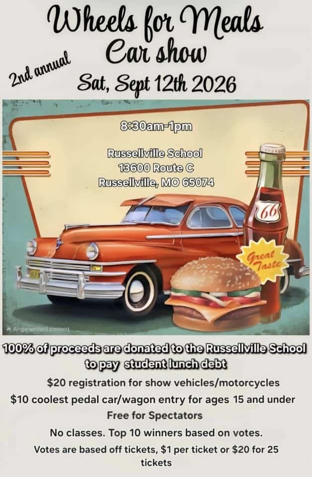 Wheels For Meals Car Show event at 13600 Route C in Russellville, MO on September 12, 2026